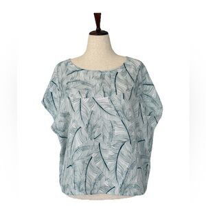 Tahari 100% Linen Leaf Print Blouse XL Green White Tropical Top